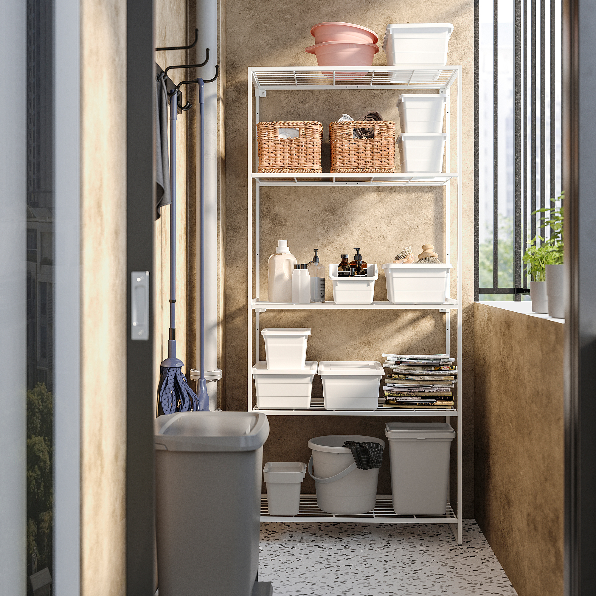 JOSTEIN storage unit with shelves, bins, baskets, and bottles in room.
