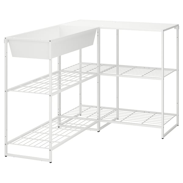 A white JOSTEIN storage rack with three shelves and a drawer, designed for both indoor and outdoor use.