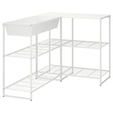 A white JOSTEIN storage rack with three shelves and a drawer, designed for both indoor and outdoor use.