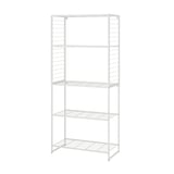 JOSTEIN white metal shelving unit, four tiers, outdoor/indoor use, rust-resistant, simple design.