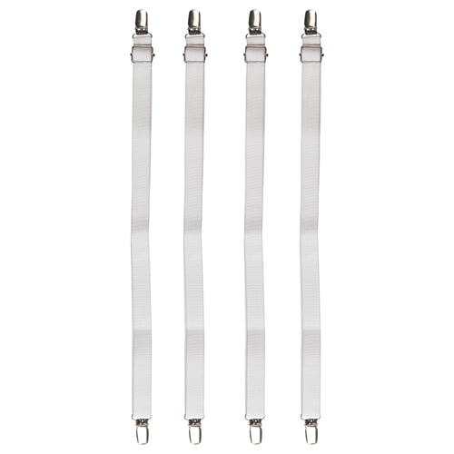 Four white JULKAKTUS straps with metal clips, designed to secure sheets to a mattress.