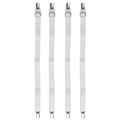Four white JULKAKTUS straps with metal clips, designed to secure sheets to a mattress.