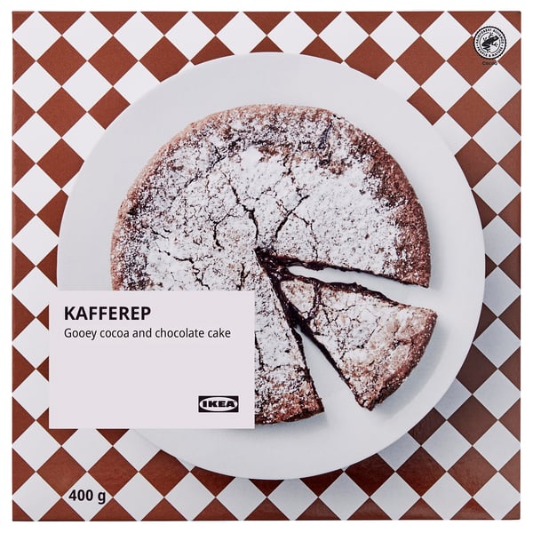 Ikea food packaging: KAFFEREP, gooey cocoa and chocolate cake, 400g. Circular cake with powdered sugar, slice missing.