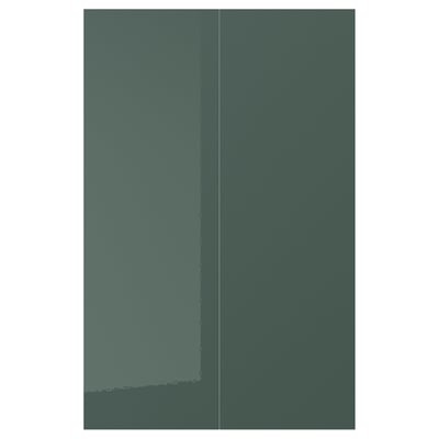 KALLARP high-gloss grey-green kitchen doors, sleek, modern, recycled plastic, straight lines.