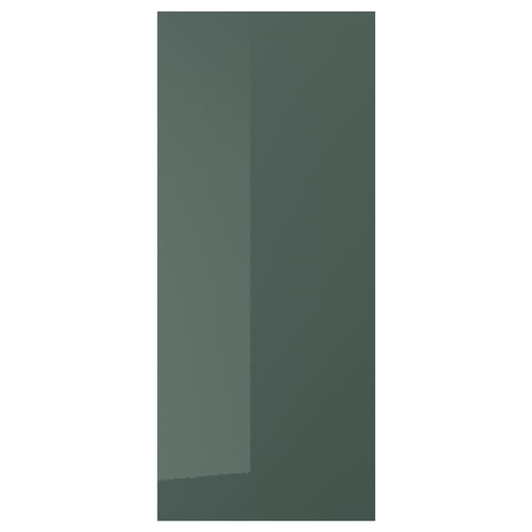 KALLARP kitchen cabinet door, sleek high-gloss grey-green, recycled materials, modern design with straight lines.