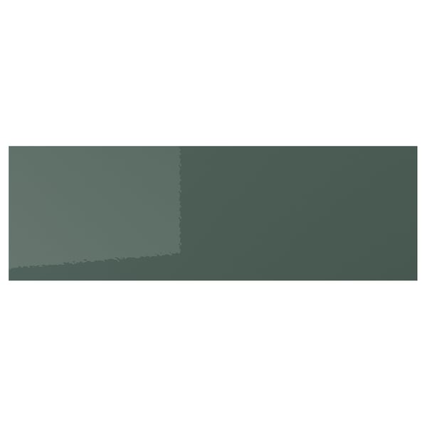 A rectangular, high-gloss drawer front in greenish-grey with sleek, straight lines.