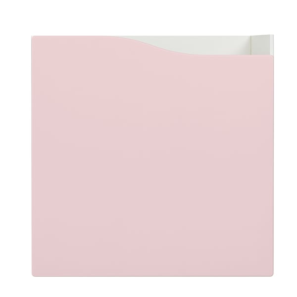 Square light pink KALLAX shelf insert with one curved door, quality fiberboard, paint, and plastic foil.