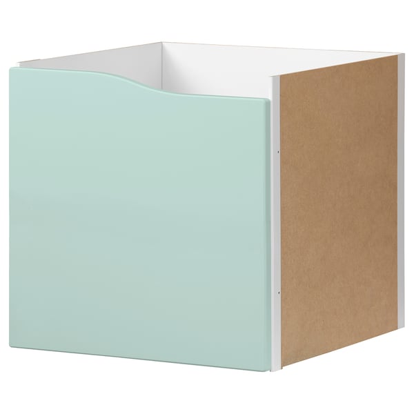 An ikea KALLAX cube storage unit in light green with a natural wood side panel. It has a single open end for access.