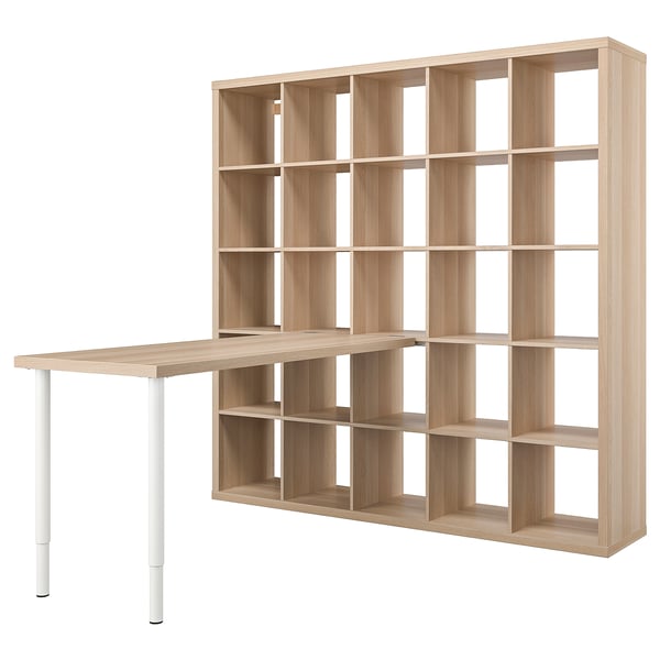 KALLAX light brown storage unit with desk, adjustable shelves, white legs.