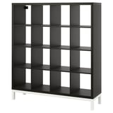 The KALLAX shelf is a black, square unit with multiple compartments, supported by white legs. Its design offers versatile storage with clean lines.