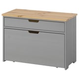 A KALLSÖ grey wooden storage bench with a natural wood top. It two drawers and is designed for narrow spaces.