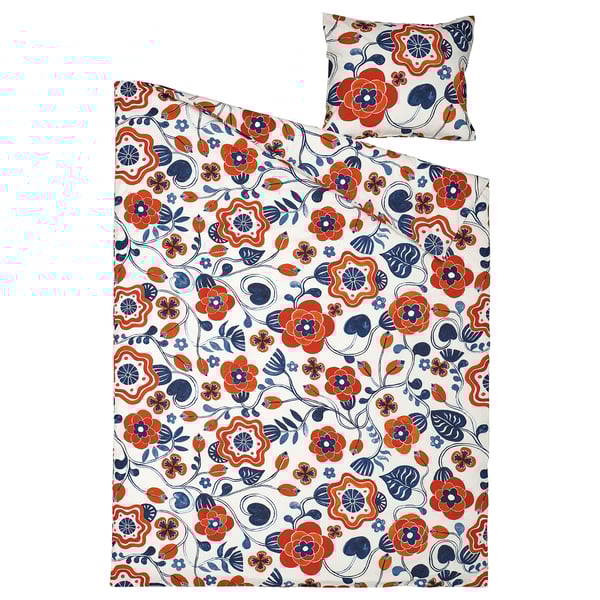 KANONVISKA duvet set, orange and blue floral print, cotton-viscose mix, rectangle with pillow.