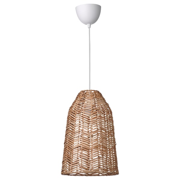 A KAPPELAND pendant lamp with a natural rattan shade, featuring a herringbone pattern. The lamp is conical-shaped and hangs from a white ceiling cup.