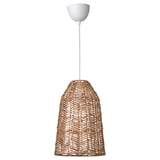 A KAPPELAND pendant lamp with a natural rattan shade, featuring a herringbone pattern. The lamp is conical-shaped and hangs from a white ceiling cup.