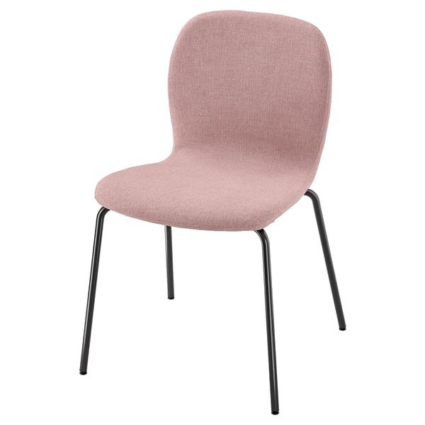 A KARLPETTER chair in light pink. It has a fabric seat and back with black metal legs in a sleek, modern design.