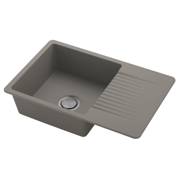 Single bowl kitchen sink, gray KILSVIKEN quartz composite, rectangular with drainboard, sleek modern design.