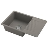 Single bowl kitchen sink, gray KILSVIKEN quartz composite, rectangular with drainboard, sleek modern design.