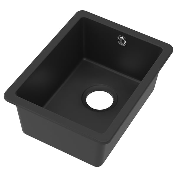 Black KILSVIKEN quartz kitchen sink, single bowl, square shape, modern design.