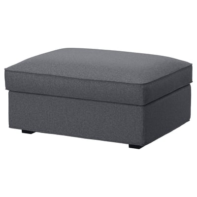 Gray KIVIK ottoman, square shape with cushioned seat, black legs, serves as storage.