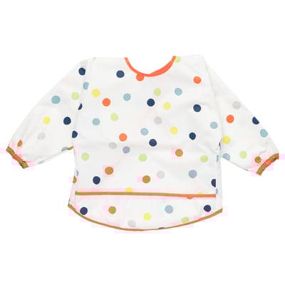 KLADDIG bib in white with multicolored polka dots, long sleeves, orange trim, soft and adjustable for kids.