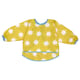 A yellow sun-patterned childrens bib with long sleeves and blue trim, made from polyester.