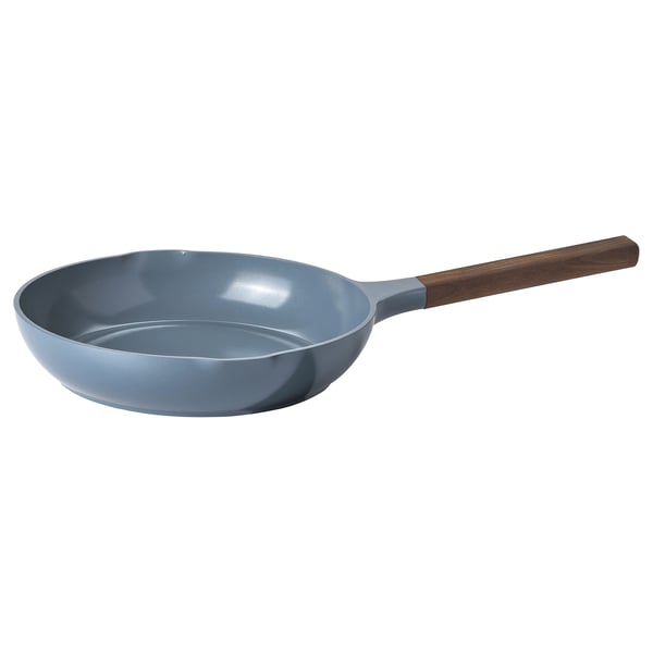 KLIPPFISK frying pan, blue-gray, aluminium, round, wooden handle.