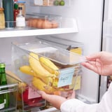 Person holding labeled banana box with lid and handle for food storage.