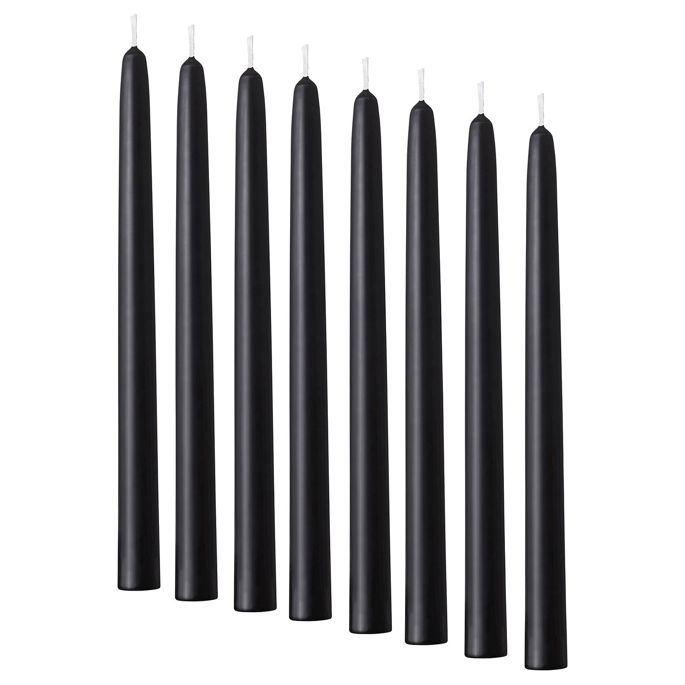 Eight black KLOKHET candles, slim, cylindrical shape, made of stearin.