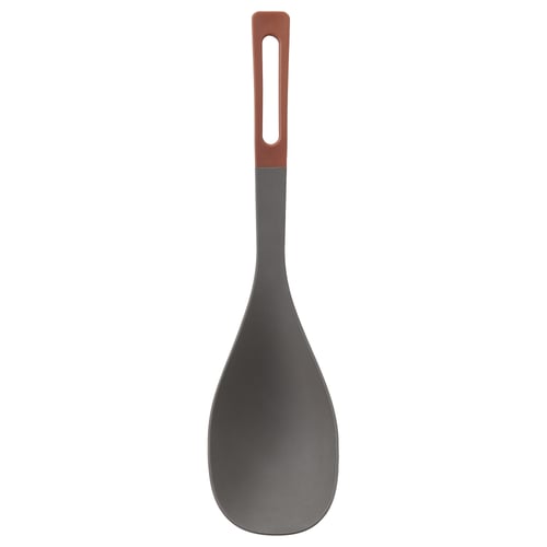 A KNORRHANE spoon. It is dark grey with a red handle. It has a long, ergonomic design. The edge is silicone for non-stick use.