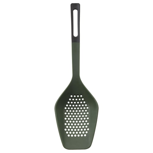 Green silicone slotted spatula; ergonomic handle, holes for draining.