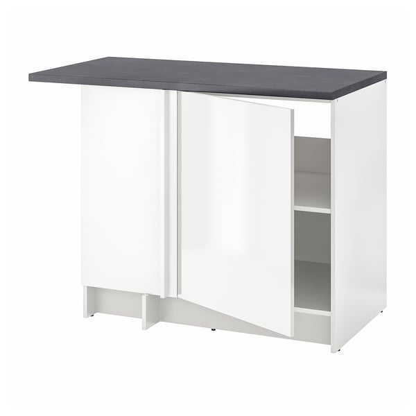 KNOXHULT modular kitchen in white with grey top, rectangular, minimalist design, stands on adjustable feet.