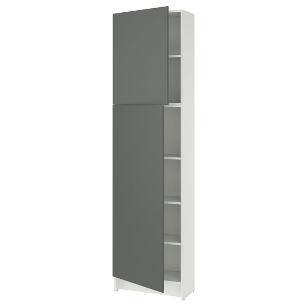 A KNOXHULT high kitchen cabinet in grey and white, featuring adjustable shelves.