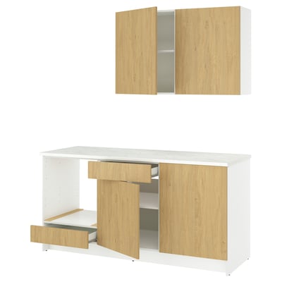KNOXHULT kitchen set: white & wood cabinets, marble countertop, drawers & shelves.