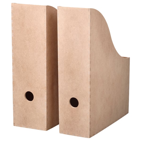Two light brown, wooden magazine holders stand side by side, each with a circular cutout and a slightly angled design for storing paper.