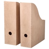 Two light brown, wooden magazine holders stand side by side, each with a circular cutout and a slightly angled design for storing paper.