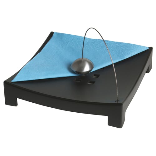 KNYCK black napkin holder with blue tissues, spherical metal dispenser.
