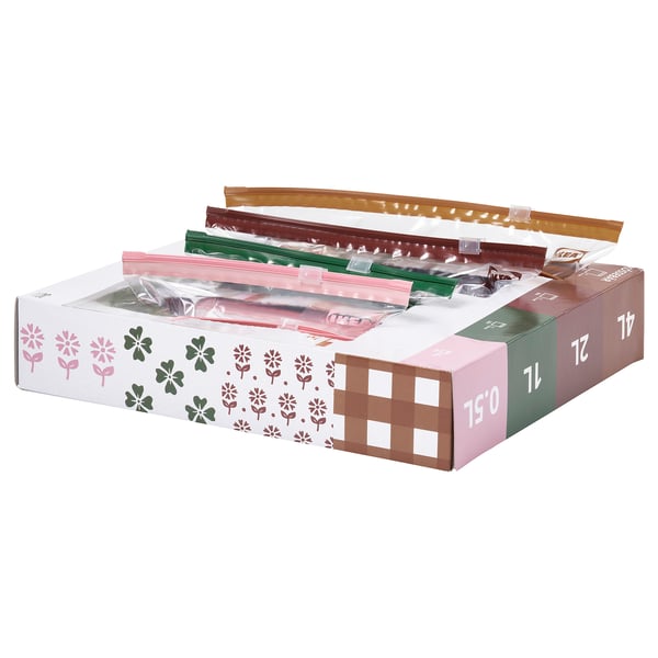 KÖSSEBÄR resealable bags in 4 sizes, colored, food storage.