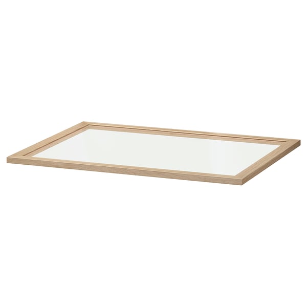 KOMPLEMENT glass shelf, light brown, rectangular, with wooden frame. 10-year guarantee. Displays items in pax wardrobe.