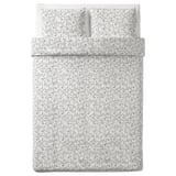 KOPPARRANKA bedding set in white with grey floral print, soft cotton-viscose blend, rectangular shape with pillowcases.