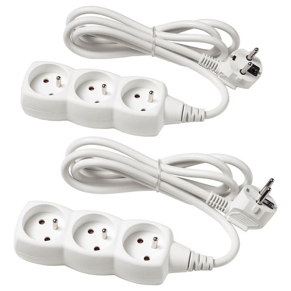 Two white KOPPLA power strips with 3 sockets each, plugs, and 1. 5m cables, made of plastic.
