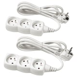 Two white KOPPLA power strips with 3 sockets each, plugs, and 1. 5m cables, made of plastic.