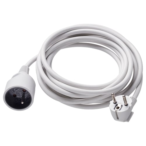 A KOPPLA white, coiled extension cord with a 3-pronged plug and plug socket, made of pvc plastic for electrical use.