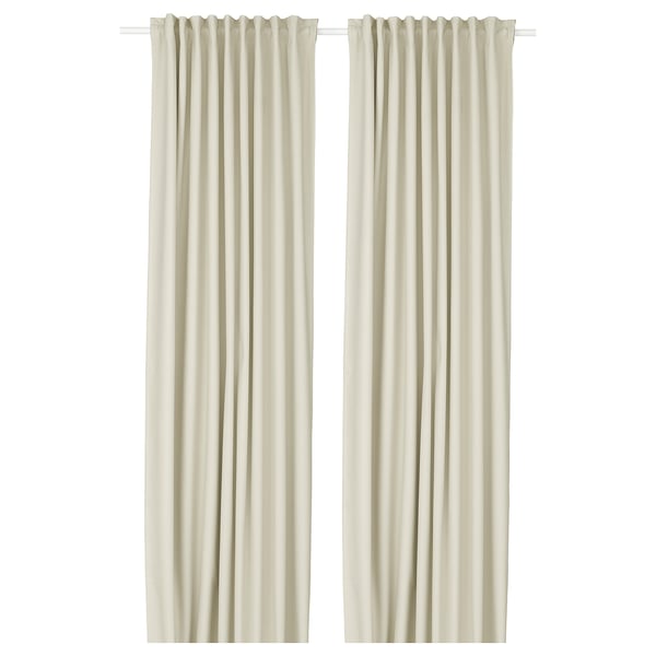Kormott beige curtains, plain, blocked-out, rod-pocket header.