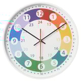 Colorful wall clock with alarms, silent quartz movement, large numbers, and rainbow sections. Perfect for learning time.