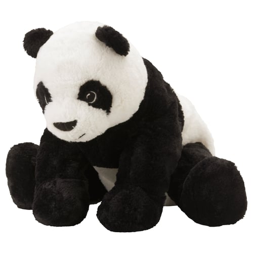 Cute panda cuddly toy, black and white, soft, round body, sitting position, friendly face.