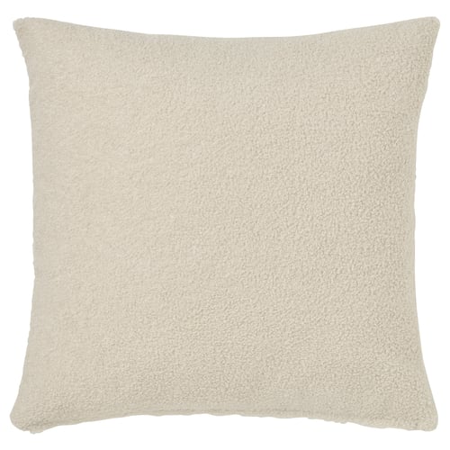 Light beige square cushion with soft, teddy-like texture, made of recycled polyester.
