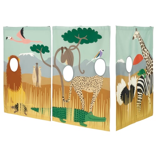 Safari-themed KURA bed curtains - polyester, beige, turquoise, 3 panels.