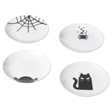 Four white KUSTFYR plates, each with black halloween-themed designs in different positions. Made of stoneware.