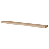 A LACK wall shelf in oak veneer. Its long, rectangular, and modern with invisible mounting brackets.