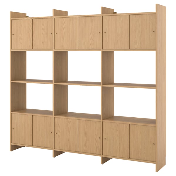 LÅDMAKARE: light wood bookcase, 3x3 grid with mix of open shelves and closed cabinets, adjustable width.